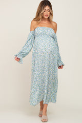 Light Blue Floral Off Shoulder Long Sleeve Maternity Maxi Dress