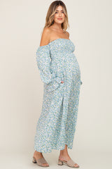 Light Blue Floral Off Shoulder Long Sleeve Maternity Maxi Dress