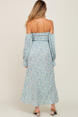 Light Blue Floral Off Shoulder Long Sleeve Maternity Maxi Dress