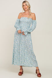 Light Blue Floral Off Shoulder Long Sleeve Maxi Dress