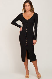 Black Ribbed Button Accent Long Sleeve Midi Dress