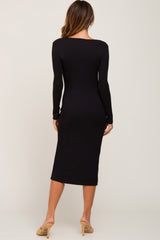 Black Ribbed Button Accent Long Sleeve Midi Dress