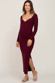 Burgundy Ribbed Side Slit Long Sleeve Maternity Maxi Dress