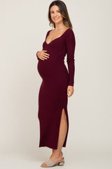 Burgundy Ribbed Side Slit Long Sleeve Maternity Maxi Dress