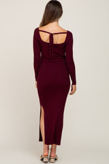 Burgundy Ribbed Side Slit Long Sleeve Maternity Maxi Dress