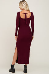 Burgundy Ribbed Side Slit Long Sleeve Maxi Dress