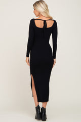 Black Ribbed Side Slit Long Sleeve Maxi Dress