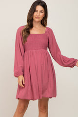 Magenta Smocked Long Sleeve Maternity Dress