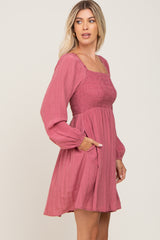 Magenta Smocked Long Sleeve Dress