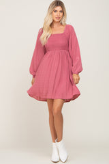 Magenta Smocked Long Sleeve Dress