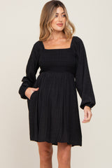 Black Smocked Long Sleeve Maternity Dress