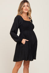 Black Smocked Long Sleeve Maternity Dress