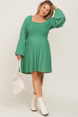 Green Smocked Long Sleeve Maternity Plus Dress