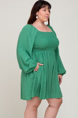 Green Smocked Long Sleeve Plus Dress