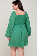 Green Smocked Long Sleeve Plus Dress