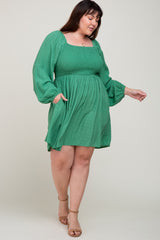 Green Smocked Long Sleeve Plus Dress