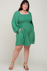 Green Smocked Long Sleeve Plus Dress