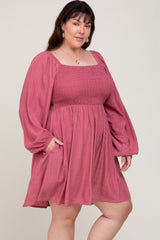 Magenta Smocked Long Sleeve Plus Dress