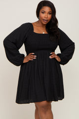 Black Smocked Long Sleeve Maternity Plus Dress