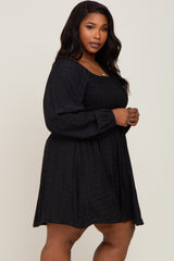 Black Smocked Long Sleeve Plus Dress