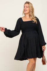 Black Smocked Long Sleeve Maternity Plus Dress