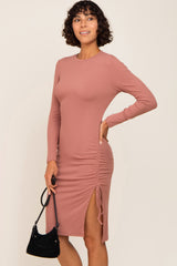 Mauve Ribbed Cinched Slit Maternity Dress