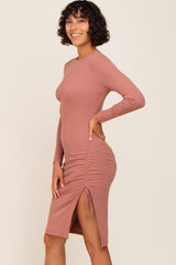 Mauve Ribbed Cinched Slit Dress