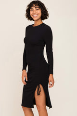 Black Ribbed Cinched Slit Dress