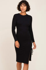 Black Ribbed Cinched Slit Maternity Dress