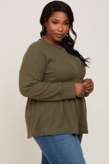 Olive Waffle Knit Long Sleeve Plus Top