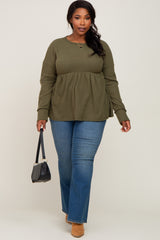 Olive Waffle Knit Long Sleeve Plus Top