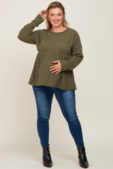 Olive Waffle Knit Long Sleeve Maternity Plus Top