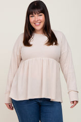 Beige Waffle Knit Long Sleeve Maternity Plus Top