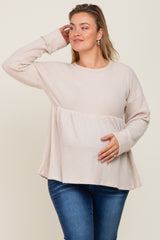 Beige Waffle Knit Long Sleeve Maternity Plus Top