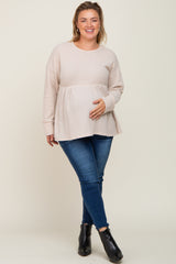 Beige Waffle Knit Long Sleeve Maternity Plus Top