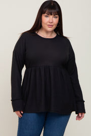 Black Waffle Knit Long Sleeve Plus Top