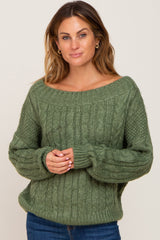 Olive Boat Neck Cable Knit Sweater