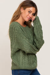 Olive Boat Neck Cable Knit Sweater