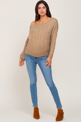 Mocha Boat Neck Cable Knit Maternity Sweater