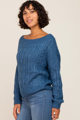 Blue Boat Neck Cable Knit Sweater