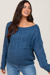 Blue Boat Neck Cable Knit Maternity Sweater