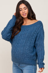 Blue Boat Neck Cable Knit Maternity Sweater