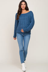 Blue Boat Neck Cable Knit Maternity Sweater