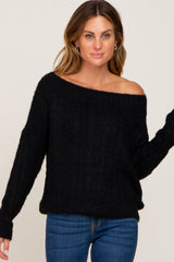 Black Boat Neck Cable Knit Sweater