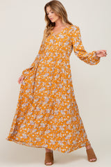 Yellow Floral Button Front Long Sleeve Maxi Dress