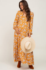 Yellow Floral Button Front Long Sleeve Maternity Maxi Dress