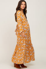 Yellow Floral Button Front Long Sleeve Maternity Maxi Dress