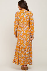 Yellow Floral Button Front Long Sleeve Maternity Maxi Dress