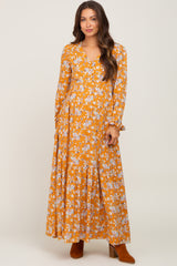 Yellow Floral Button Front Long Sleeve Maternity Maxi Dress