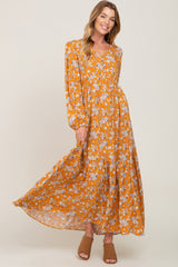 Yellow Floral Button Front Long Sleeve Maxi Dress